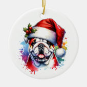 Bulldog in Santa Hat Gepersonaliseerde Kerstmis Keramisch Ornament (Voorkant)
