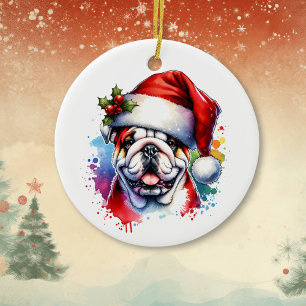 Bulldog in Santa Hat Gepersonaliseerde Kerstmis Keramisch Ornament