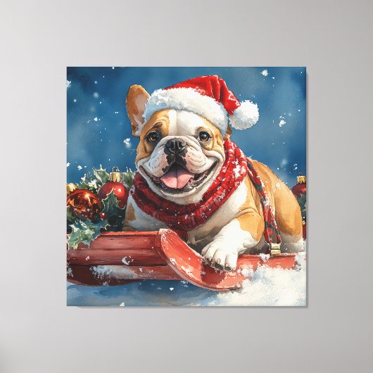 Bulldog in Sledge Laat het sneeuwen Kerstmis Canvas Afdruk (Voorkant)