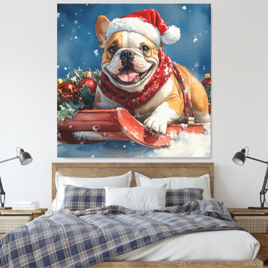 Bulldog in Sledge Laat het sneeuwen Kerstmis Canvas Afdruk (Insitu (Slaapkamer))