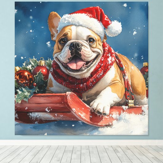 Bulldog in Sledge Laat het sneeuwen Kerstmis Canvas Afdruk (Insitu (Houten vloer))
