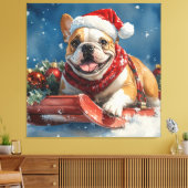 Bulldog in Sledge Laat het sneeuwen Kerstmis Canvas Afdruk (Insitu (Woonkamer))