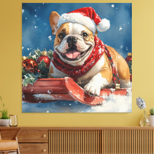 Bulldog in Sledge Laat het sneeuwen Kerstmis Canvas Afdruk