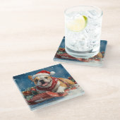 Bulldog in Sledge Laat het sneeuwen Kerstmis Glazen Onderzetter (Schuin)