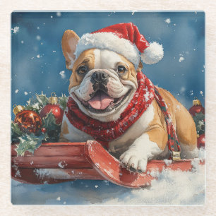 Bulldog in Sledge Laat het sneeuwen Kerstmis Glazen Onderzetter