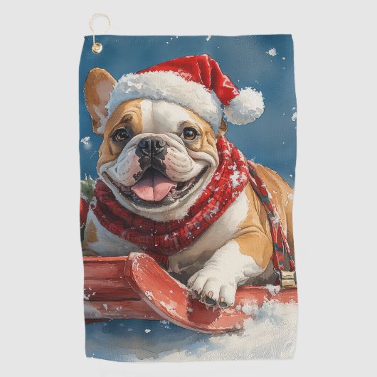 Bulldog in Sledge Laat het sneeuwen Kerstmis Golfhanddoek (Voorkant)
