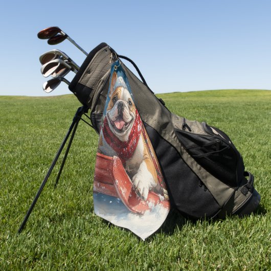 Bulldog in Sledge Laat het sneeuwen Kerstmis Golfhanddoek (Groen)