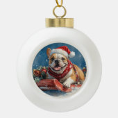 Bulldog in Sledge Laat het sneeuwen Kerstmis Keramische Bal Ornament (Voorkant)