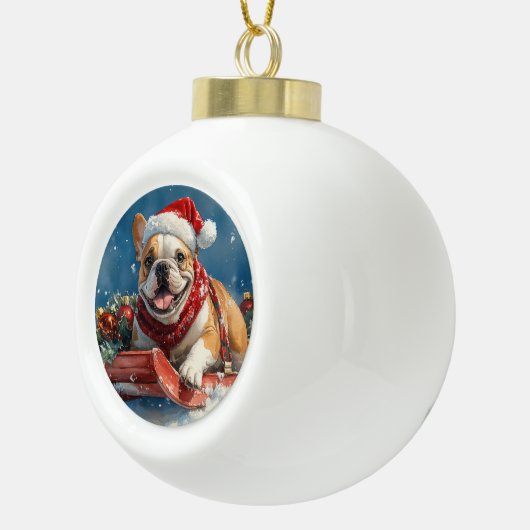 Bulldog in Sledge Laat het sneeuwen Kerstmis Keramische Bal Ornament (Rechts)