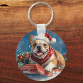 Bulldog in Sledge Laat het sneeuwen Kerstmis Sleutelhanger (Voorkant)