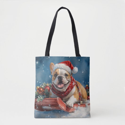 Bulldog in Sledge Laat het sneeuwen Kerstmis Tote Bag (Voorkant)