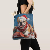 Bulldog in Sledge Laat het sneeuwen Kerstmis Tote Bag (Dichtbij)