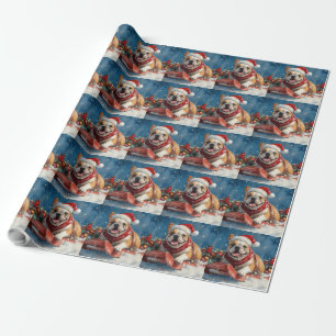 Bulldog in slee met Sneeuw het is Kerstmis Cadeaupapier
