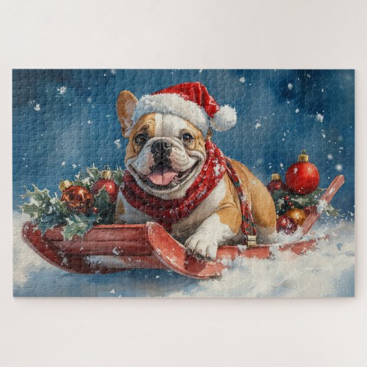 Bulldog in slee met Sneeuw het is Kerstmis Legpuzzel (Horizontaal)