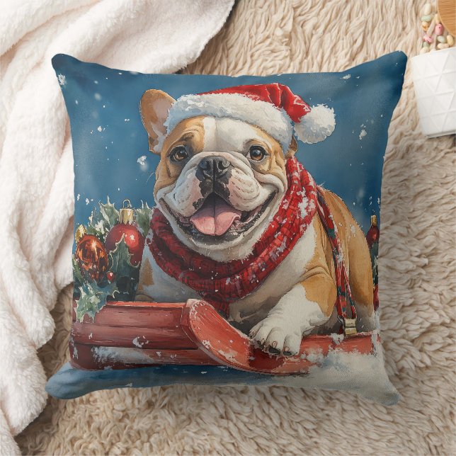 Bulldog in slee met Sneeuw Kerstmis Kussen (Deken)