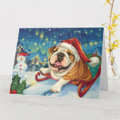 Bulldog in Sleigh Sneeuw Kerstmis Kaart (Gele Bloem)