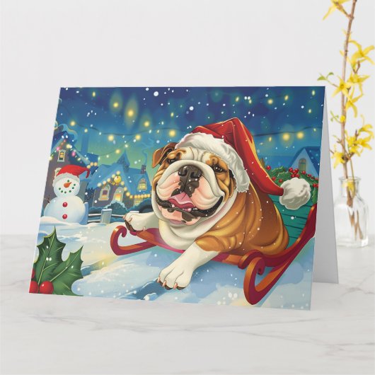 Bulldog in Sleigh Sneeuw Kerstmis Kaart (Gele Bloem)