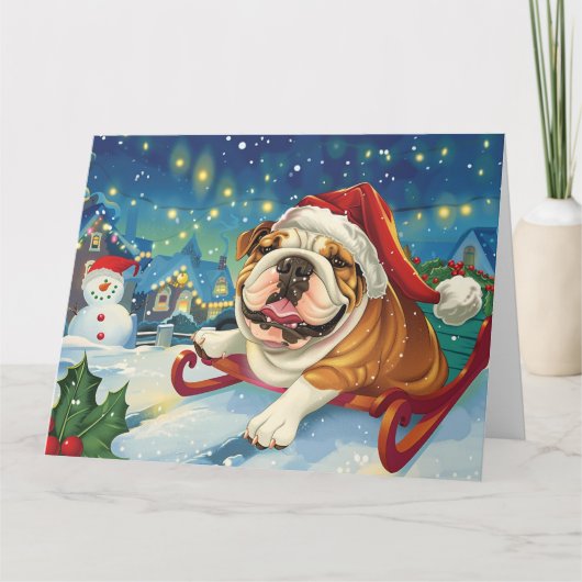 Bulldog in Sleigh Sneeuw Kerstmis Kaart (Voorkant)