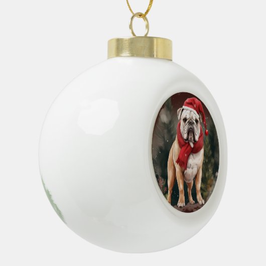 Bulldog in Sneeuw Kerstmis Keramische Bal Ornament (Links)