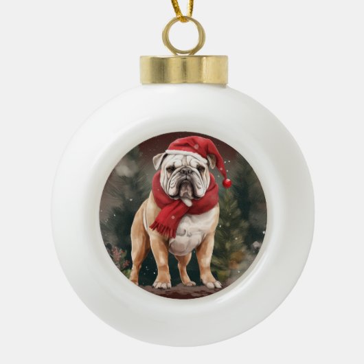 Bulldog in Sneeuw Kerstmis Keramische Bal Ornament (Voorkant)