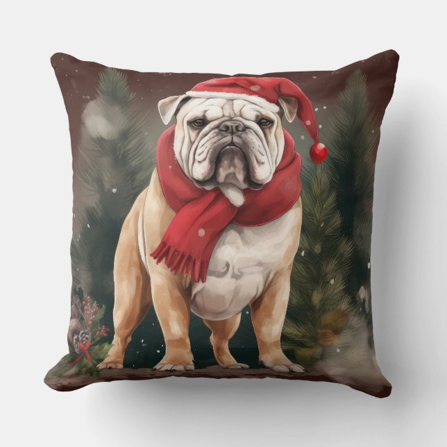 Bulldog in Sneeuw Kerstmis Kussen (Voorkant)
