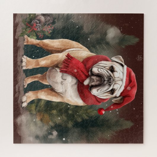 Bulldog in Sneeuw Kerstmis Legpuzzel (Horizontaal)