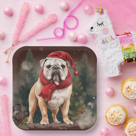 Bulldog in Sneeuw Kerstmis Papieren Bordje (Feest)
