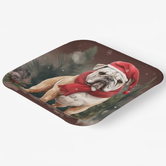 Bulldog in Sneeuw Kerstmis Papieren Bordje (Gebogen)