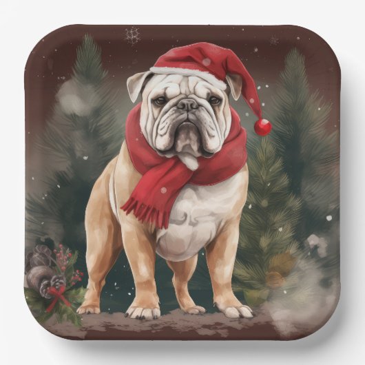Bulldog in Sneeuw Kerstmis Papieren Bordje (Voorkant)