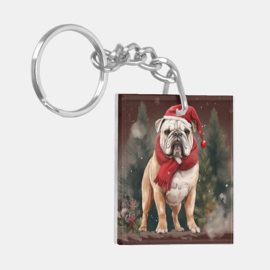 Bulldog in Sneeuw Kerstmis Sleutelhanger (Voorkant Links)
