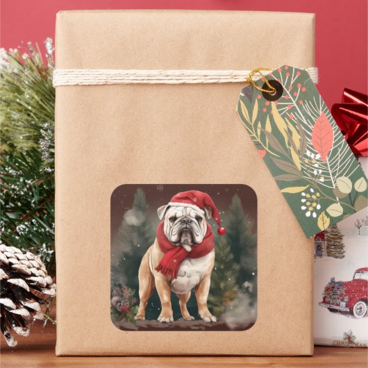 Bulldog in Sneeuw Kerstmis Vierkante Sticker (Feestdagen)