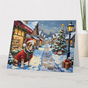 Bulldog Kerst Sneeuw Dorp Schilderij Kaart