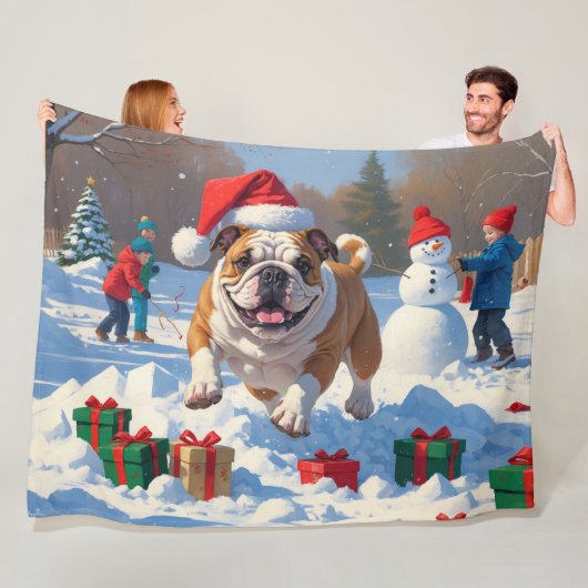 Bulldog Kerst Sneeuwscène Fleece Deken (In situ)