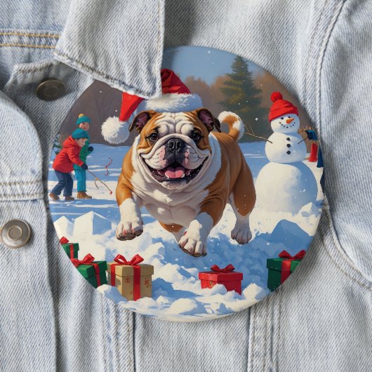 Bulldog Kerst Sneeuwscène Ronde Button 6,0 Cm (In situ)