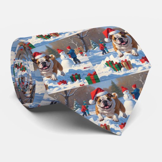 Bulldog Kerst Sneeuwscène Stropdas (Opgerold)