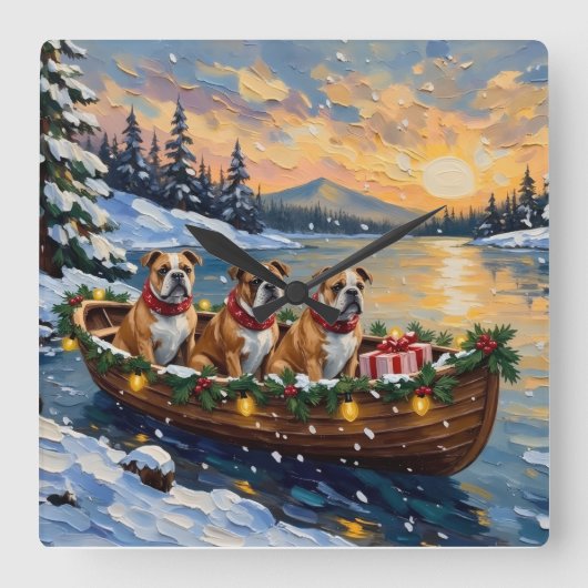 Bulldog Kerstboot Holiday Vierkante Klok (Voorkant)