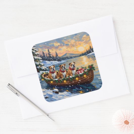 Bulldog Kerstboot Holiday Vierkante Sticker (Envelop)