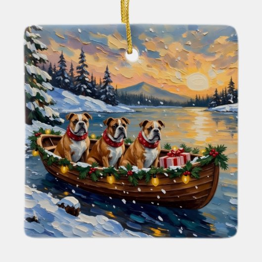 Bulldog Kerstboot Vakantie Keramisch Ornament (Voorkant)