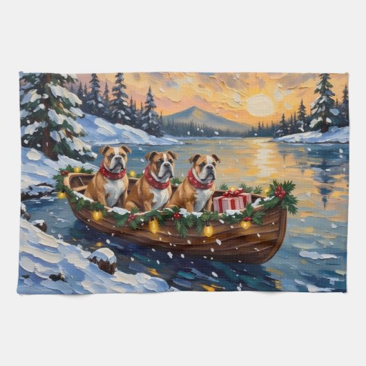Bulldog Kerstboot Vakantie Theedoek (Horizontaal)