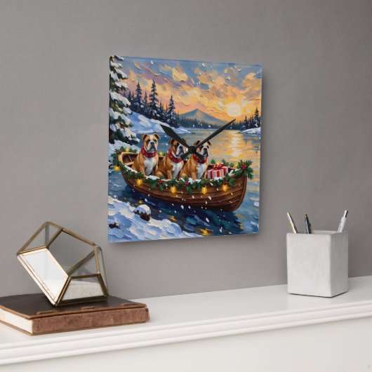Bulldog Kerstboot Vakantie Vierkante Klok (Kantoor)
