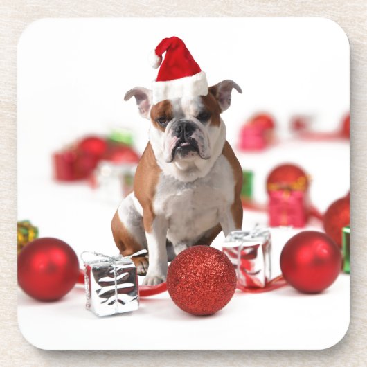 Bulldog kerstcadeau doos Ornamenten rode kerstmuts Bier Onderzetter (Voorkant)