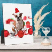Bulldog kerstcadeau doos Ornamenten rode kerstmuts Fotoplaat (Zijkant)
