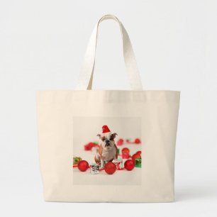 Bulldog kerstcadeau doos Ornamenten rode kerstmuts Grote Tote Bag