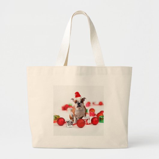 Bulldog kerstcadeau doos Ornamenten rode kerstmuts Grote Tote Bag (Voorkant)