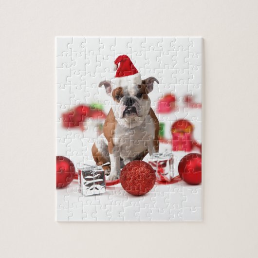 Bulldog kerstcadeau doos Ornamenten rode kerstmuts Legpuzzel (Verticaal)