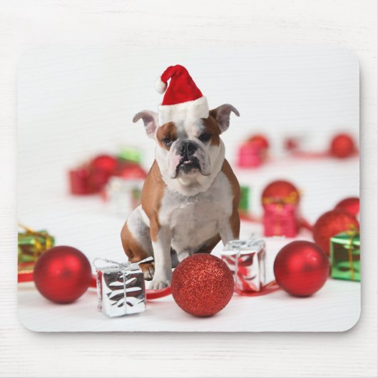 Bulldog kerstcadeau doos Ornamenten rode kerstmuts Muismat (Voorkant)