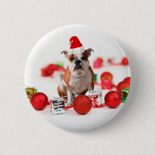 Bulldog kerstcadeau doos Ornamenten rode kerstmuts Ronde Button 5,7 Cm