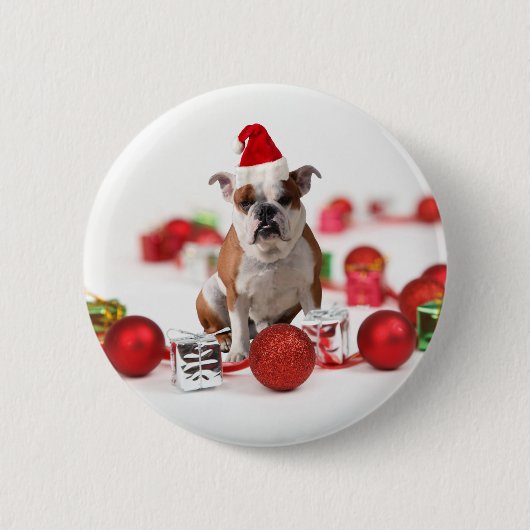 Bulldog kerstcadeau doos Ornamenten rode kerstmuts Ronde Button 5,7 Cm (Voorkant)