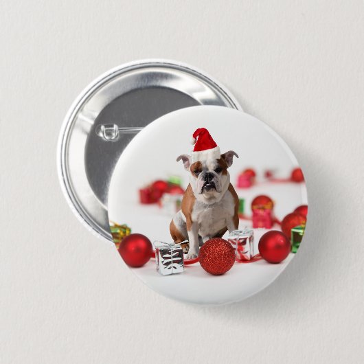 Bulldog kerstcadeau doos Ornamenten rode kerstmuts Ronde Button 5,7 Cm (Voorkant /achterkant)
