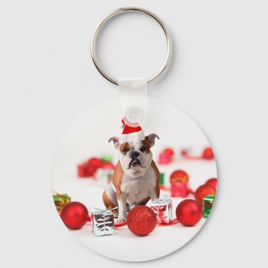 Bulldog kerstcadeau doos Ornamenten rode kerstmuts Sleutelhanger (Voorkant)
